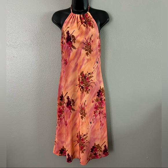 Vintage Dizaro Collection Sunset Floral Halter Dress Size 9 Pink Orange 90s - Picture 1 of 8